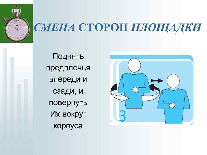 СМЕНА СТОРОН ПЛОЩАДКИ Поднять предплечья впереди и сзади, и повернуть Их вокруг корпуса 