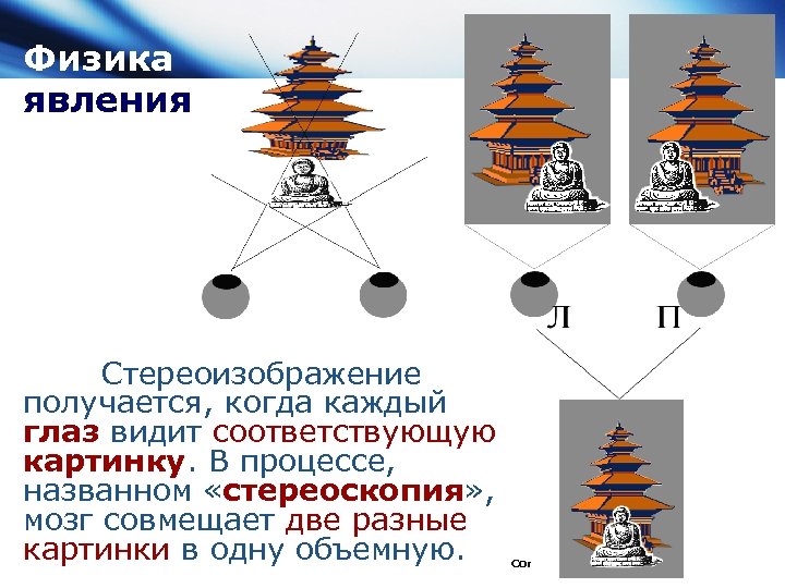 Физика явления Стереоизображение получается, когда каждый глаз видит соответствующую картинку. В процессе, названном «стереоскопия»
