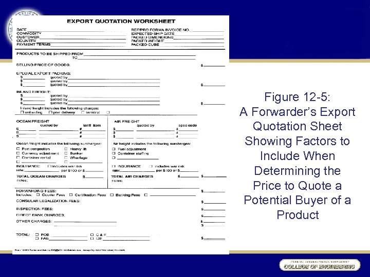 Figure 12 -5: A Forwarder’s Export Quotation Sheet Showing Factors to Include When Determining