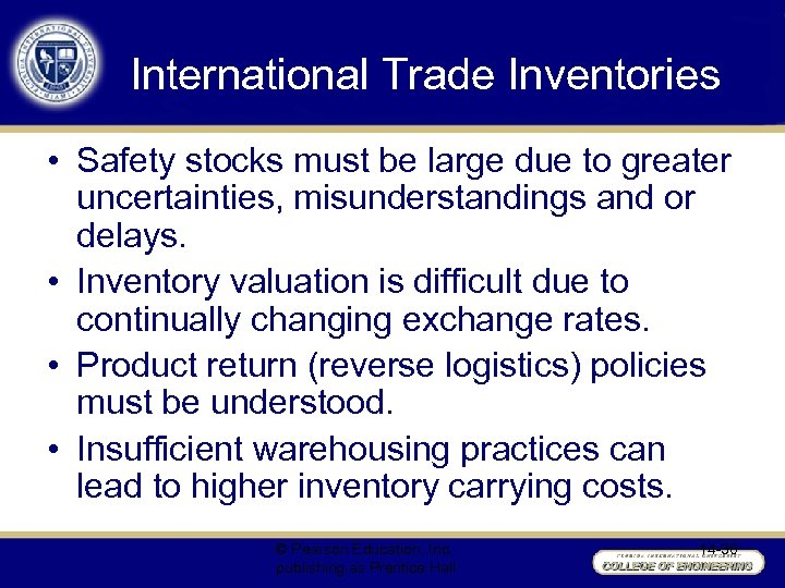 International Trade Inventories • Safety stocks must be large due to greater uncertainties, misunderstandings