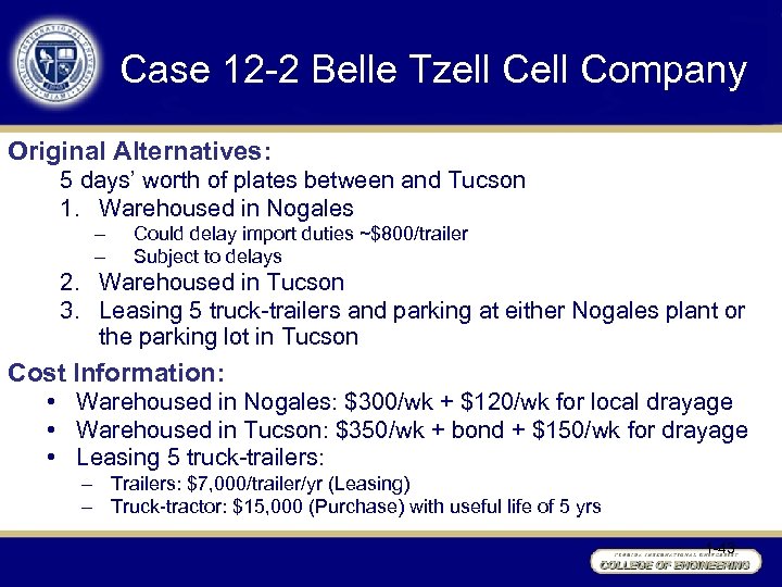 Case 12 -2 Belle Tzell Company Original Alternatives: 5 days’ worth of plates between
