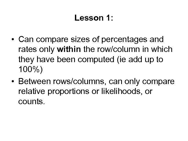 Lesson 1: • Can compare sizes of percentages and rates only within the row/column