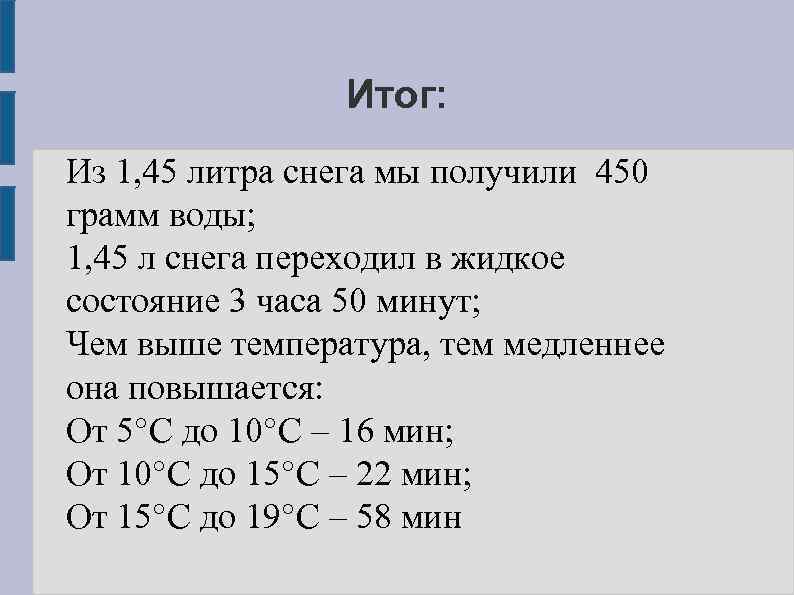Итог: Из 1, 45 литра снега мы получили 450 грамм воды; 1, 45 л