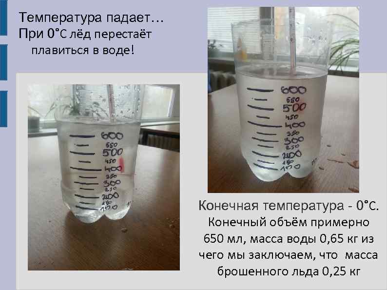 Температура падает… При 0˚С лёд перестаёт плавиться в воде! Конечная температура - 0˚С. Конечный