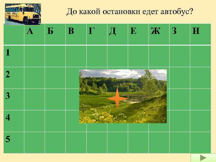 До какой остановки едет автобус? А 1 2 3 4 5 Б В Г