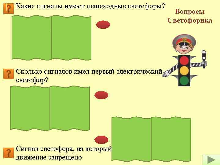 Какие сигналы имеют пешеходные светофоры? Красный и зеленый Сколько сигналов имел первый электрический светофор?