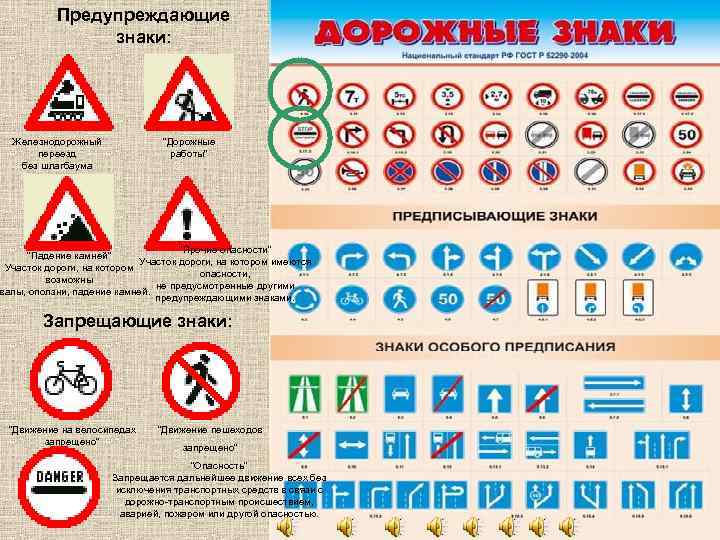 Предупреждающие знаки: Железнодорожный переезд без шлагбаума "Дорожные работы" "Прочие опасности" "Падение камней" Участок дороги,
