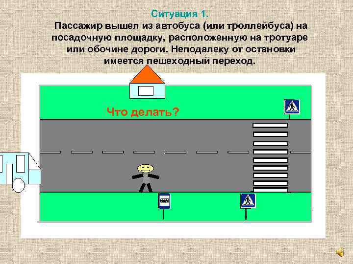 Ситуация 1. Пассажир вышел из автобуса (или троллейбуса) на посадочную площадку, расположенную на тротуаре