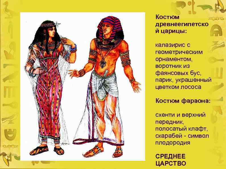 Костюм древнеегипетско й царицы: калазирис с геометрическим орнаментом, воротник из фаянсовых бус, парик, украшенный