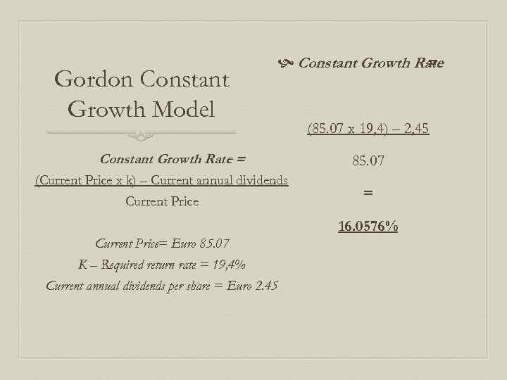Gordon Constant Growth Model Constant Growth Rate = (Current Price x k) – Current