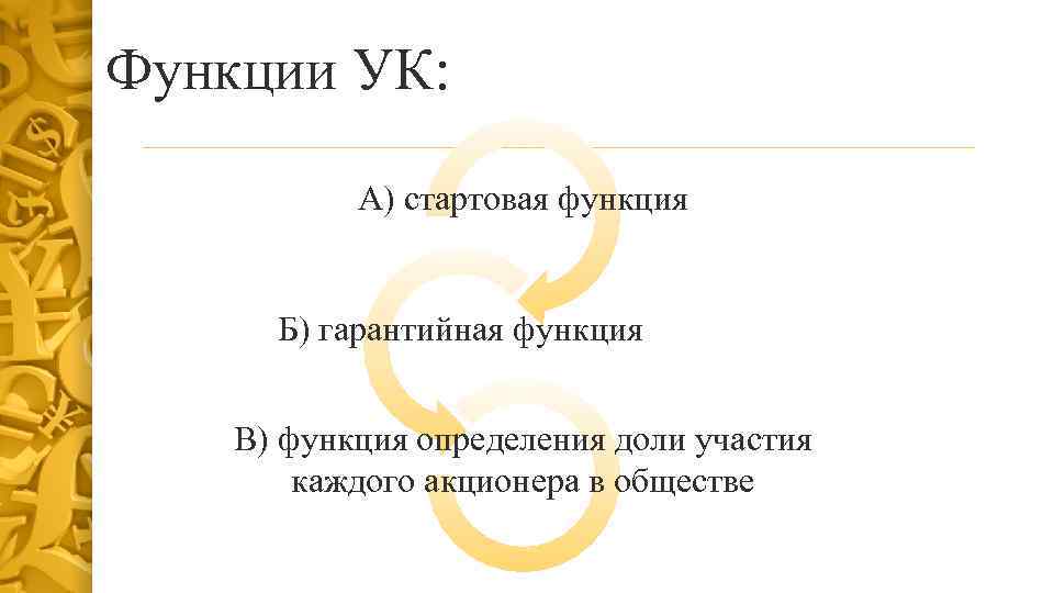 Функции УК: А) стартовая функция Б) гарантийная функция В) функция определения доли участия каждого