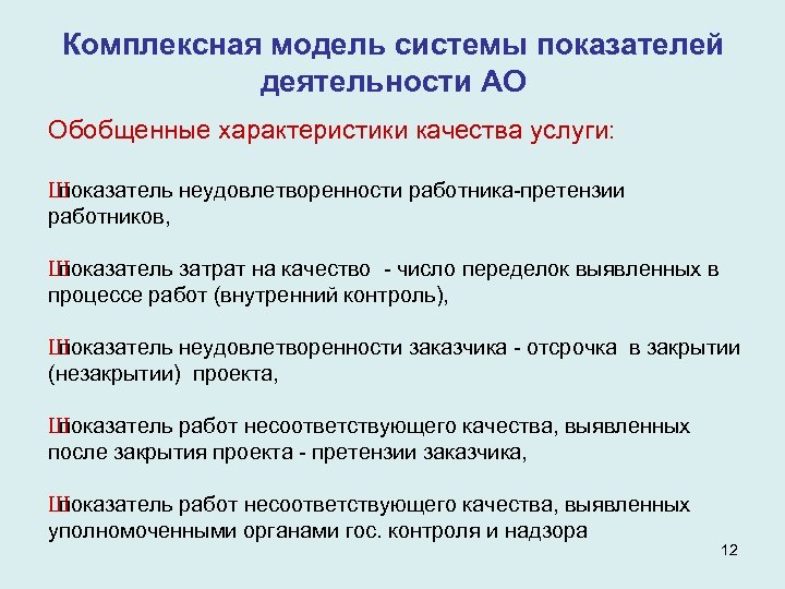 Комплексная модель системы показателей деятельности АО Обобщенные характеристики качества услуги: Ш показатель неудовлетворенности работника-претензии