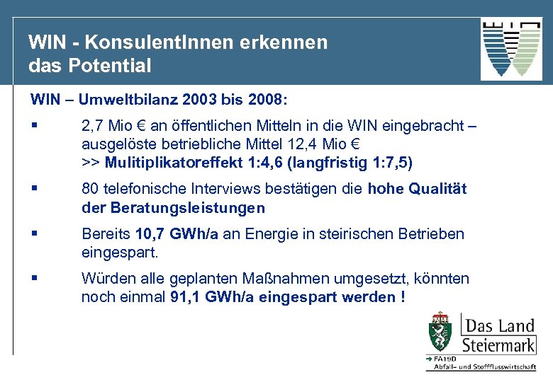WIN - Konsulent. Innen erkennen das Potential WIN – Umweltbilanz 2003 bis 2008: §
