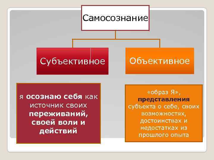 Самосознание Субъективное я осознаю себя как источник своих переживаний, своей воли и действий Объективное
