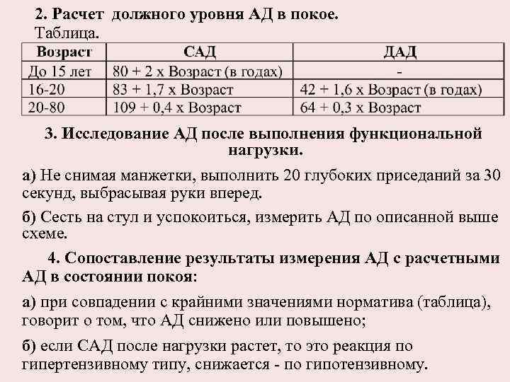 2. Расчет должного уровня АД в покое. Таблица. 3. Исследование АД после выполнения функциональной