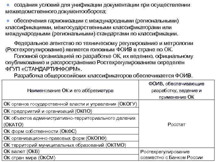 создания условий для унификации документации при осуществлении межведомственного документооборота; обеспечения гармонизации с международными (региональными)