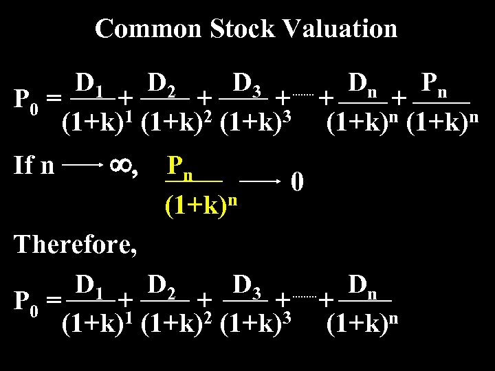 Common Stock Valuation D 1 D 2 D 3 Dn Pn P 0 =
