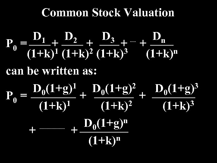 Common Stock Valuation D 1 D 2 D 3 Dn P 0 = +