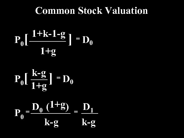 Common Stock Valuation P 0[ 1+k-1 -g 1+g ] = D 0 k-g =