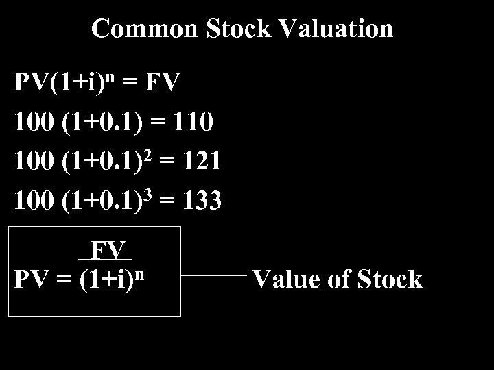Common Stock Valuation PV(1+i)n = FV 100 (1+0. 1) = 110 100 (1+0. 1)2