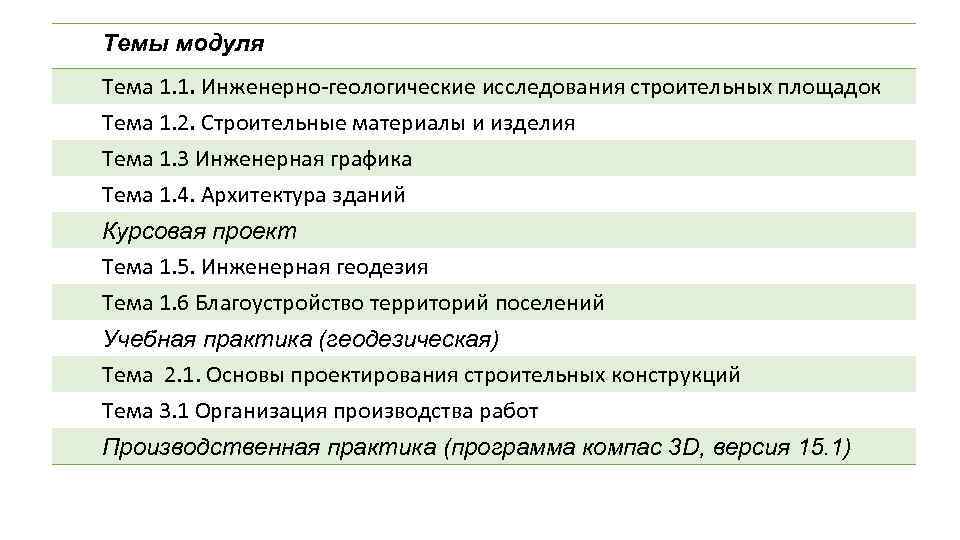 Темы модуля Тема 1. 1. Инженерно геологические исследования строительных площадок Тема 1. 2. Строительные
