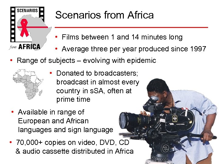 Scenarios from Africa • Films between 1 and 14 minutes long • Average three