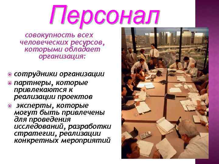 совокупность всех человеческих ресурсов, которыми обладает организация: сотрудники организации партнеры, которые привлекаются к реализации