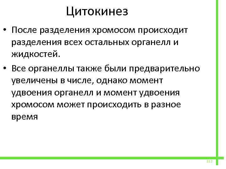  Цитокинез • После разделения хромосом происходит разделения всех остальных органелл и жидкостей. •