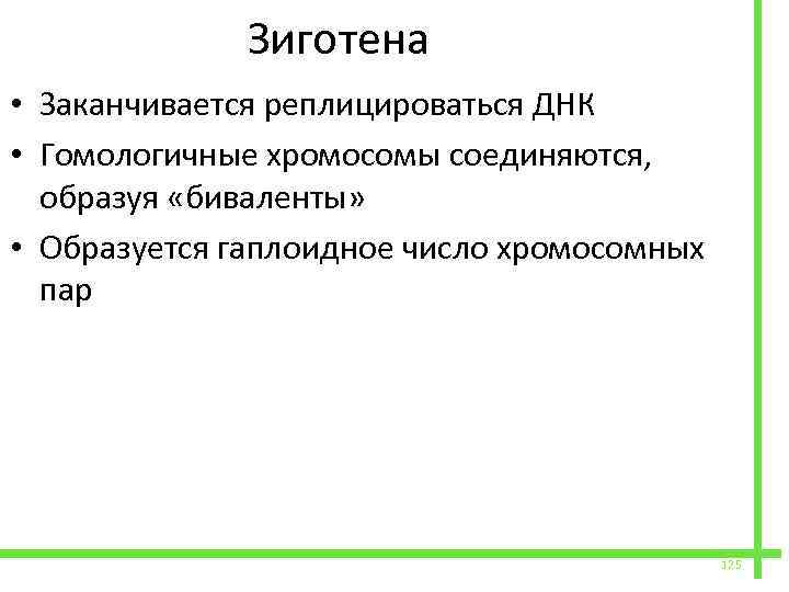  Зиготена • Заканчивается реплицироваться ДНК • Гомологичные хромосомы соединяются, образуя «биваленты» • Образуется