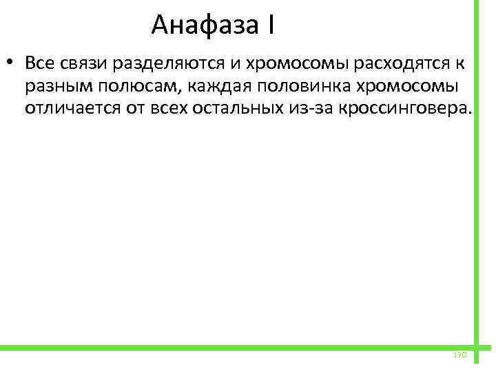  Анафаза I • Все связи разделяются и хромосомы расходятся к разным полюсам, каждая