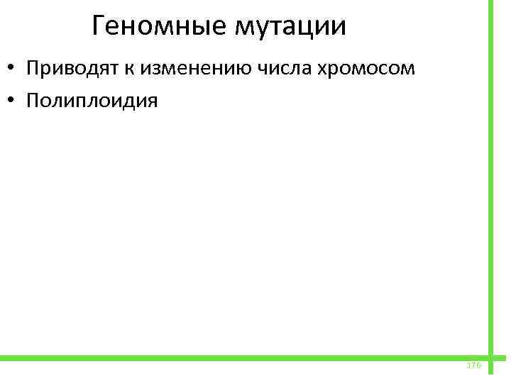  Геномные мутации • Приводят к изменению числа хромосом • Полиплоидия 176 