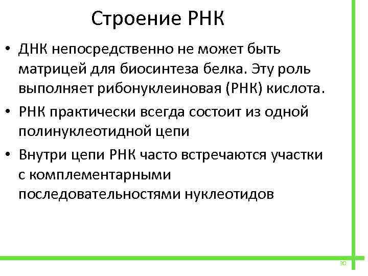  Строение РНК • ДНК непосредственно не может быть матрицей для биосинтеза белка. Эту