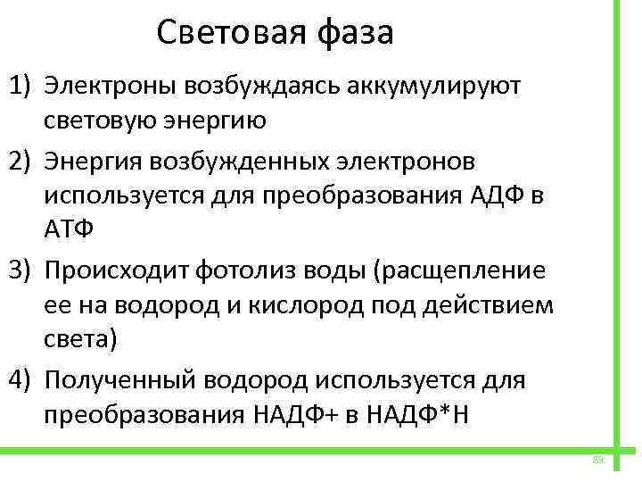  Световая фаза 1) Электроны возбуждаясь аккумулируют световую энергию 2) Энергия возбужденных электронов используется