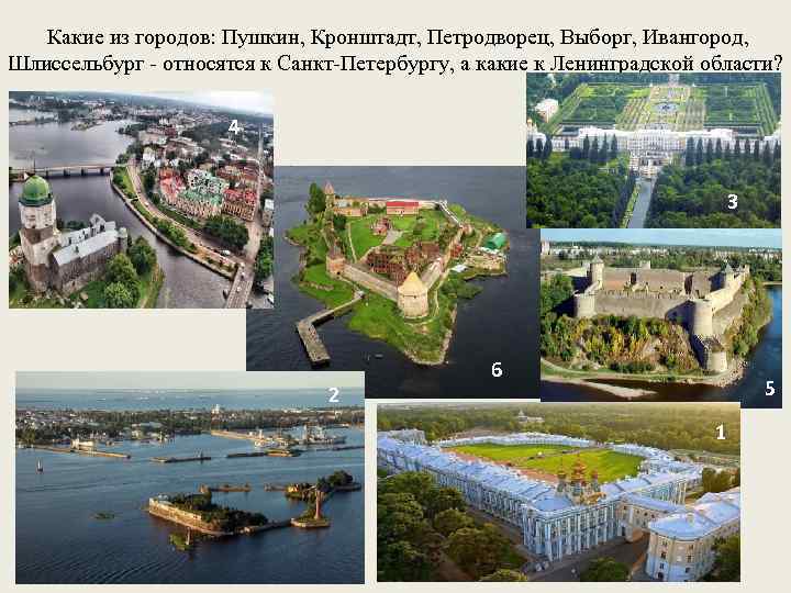 Какие из городов: Пушкин, Кронштадт, Петродворец, Выборг, Ивангород, Шлиссельбург - относятся к Санкт-Петербургу, а