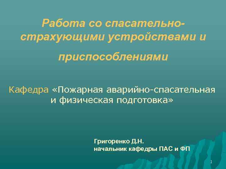 Работа со спасательнострахующими устройствами и приспособлениями Кафедра «Пожарная аварийно-спасательная и физическая подготовка» Григоренко Д.