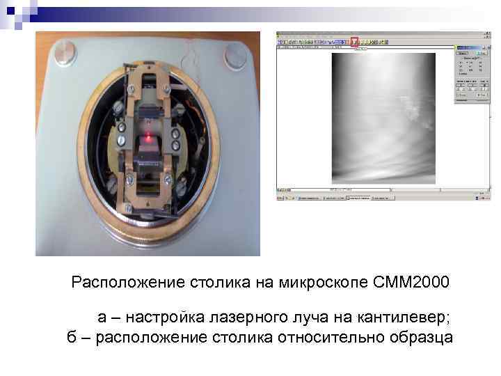 Расположение столика на микроскопе СММ 2000 а – настройка лазерного луча на кантилевер; б