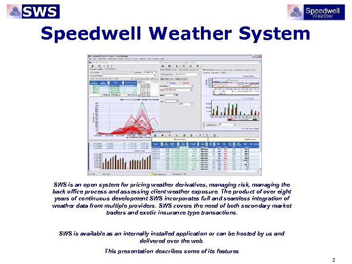 Speedwell Weather System SWS is an open system for pricing weather derivatives, managing risk,