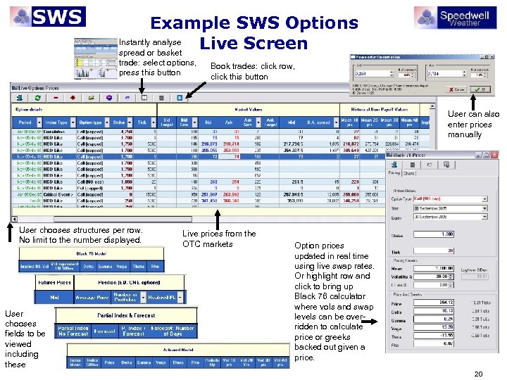 Example SWS Options Instantly analyse Live Screen spread or basket trade: select options, press