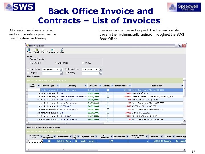 Back Office Invoice and Contracts – List of Invoices All created invoices are listed