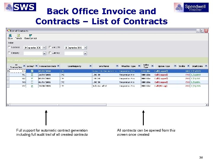 Back Office Invoice and Contracts – List of Contracts Full support for automatic contract