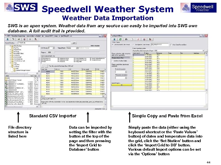 Speedwell Weather System Weather Data Importation SWS is an open system. Weather data from