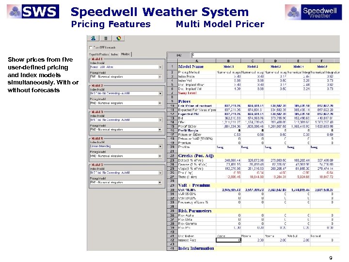 Speedwell Weather System Pricing Features Multi Model Pricer Show prices from five user-defined pricing