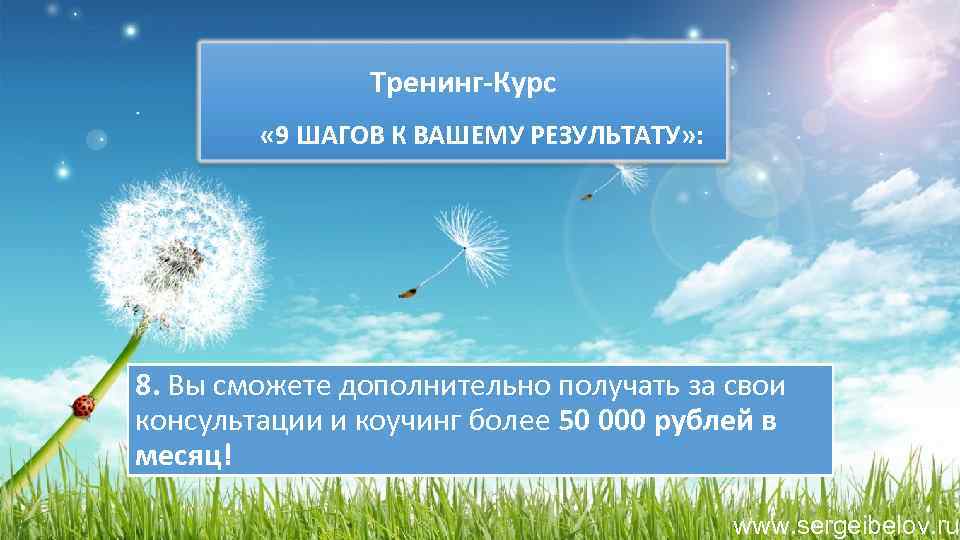 Тренинг-Курс « 9 ШАГОВ К ВАШЕМУ РЕЗУЛЬТАТУ» : 8. Вы сможете дополнительно получать за