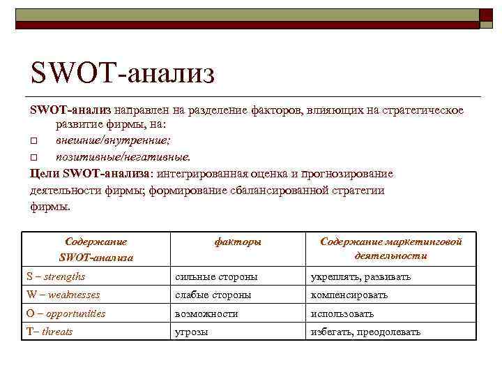 SWOT-анализ направлен на разделение факторов, влияющих на стратегическое развитие фирмы, на: o внешние/внутренние; o