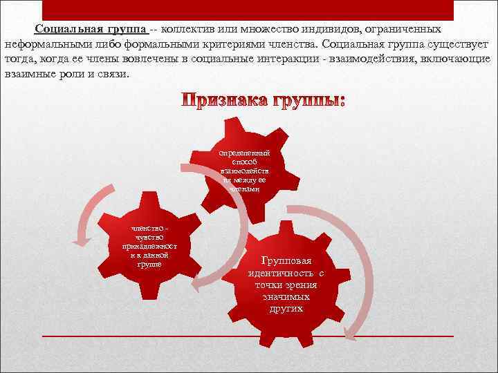Социальная группа -- коллектив или множество индивидов, ограниченных неформальными либо формальными критериями членства. Социальная