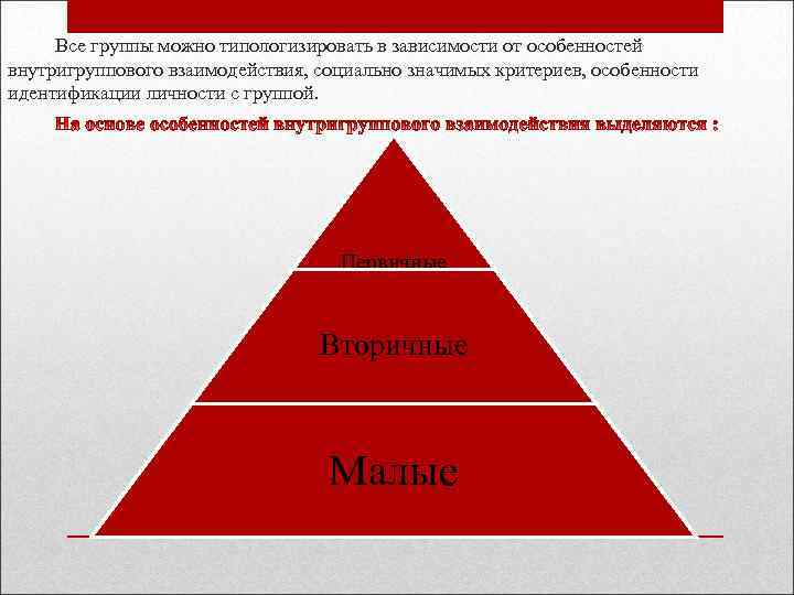Все группы можно типологизировать в зависимости от особенностей внутригруппового взаимодействия, социально значимых критериев, особенности