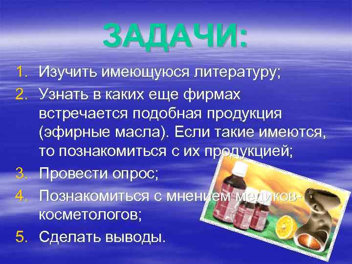 ЗАДАЧИ: 1. Изучить имеющуюся литературу; 2. Узнать в каких еще фирмах встречается подобная продукция