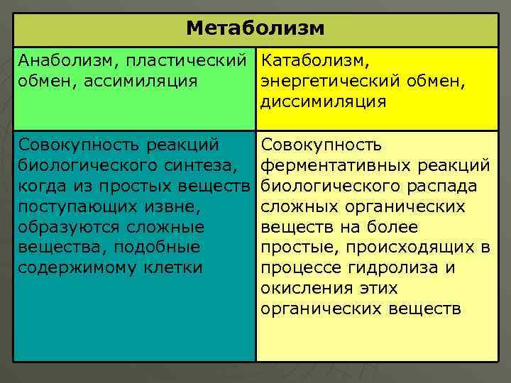 Метаболизм Анаболизм, пластический Катаболизм, обмен, ассимиляция энергетический обмен, диссимиляция Совокупность реакций биологического синтеза, когда