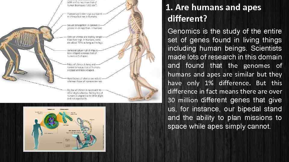1. Are humans and apes different? Genomics is the study of the entire set