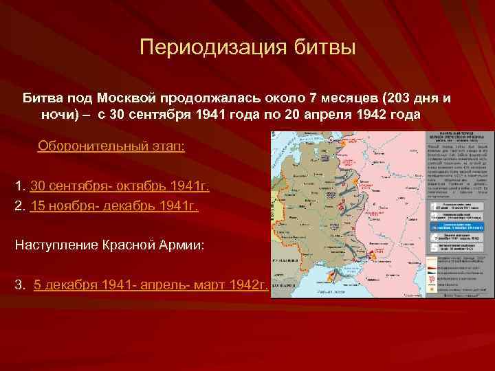 Периодизация битвы Битва под Москвой продолжалась около 7 месяцев (203 дня и ночи) –